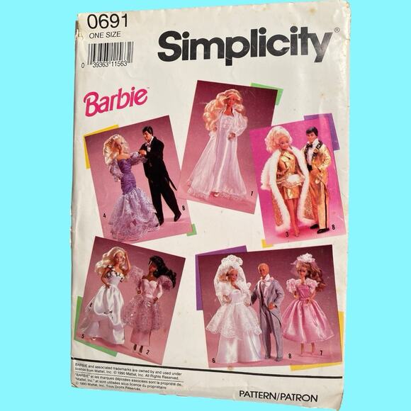 Vtg Barbie And Ken Simplicity Pattern 0691 Wedding Dresses Formals Tuxedos 1990 - Picture 1 of 6